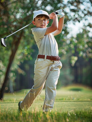 Young boy in white hat and khaki pants swings golf club