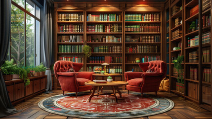 Obraz premium A cozy living room with a large bookcase filled with books