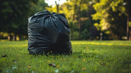 Dark waste sack on green lawn - obrazy, fototapety, plakaty