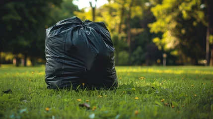 Tuinposter Dark waste sack on green lawn © 2rogan