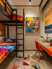 A bedroom with a bunk bed, a desk, and a painting on the wall.