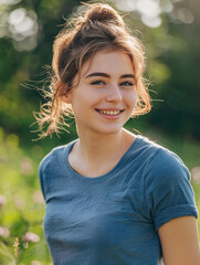 Portrait of a joyful young woman with a bun hairstyle smiling gently in a lush outdoor environment, radiating happiness and youth.