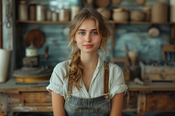 the woman is wearing overalls and a white shirt and looking at the camera - obrazy, fototapety, plakaty