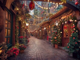 A street with Christmas decorations and a Christmas tree in the middle. The street is decorated with lights and ornaments