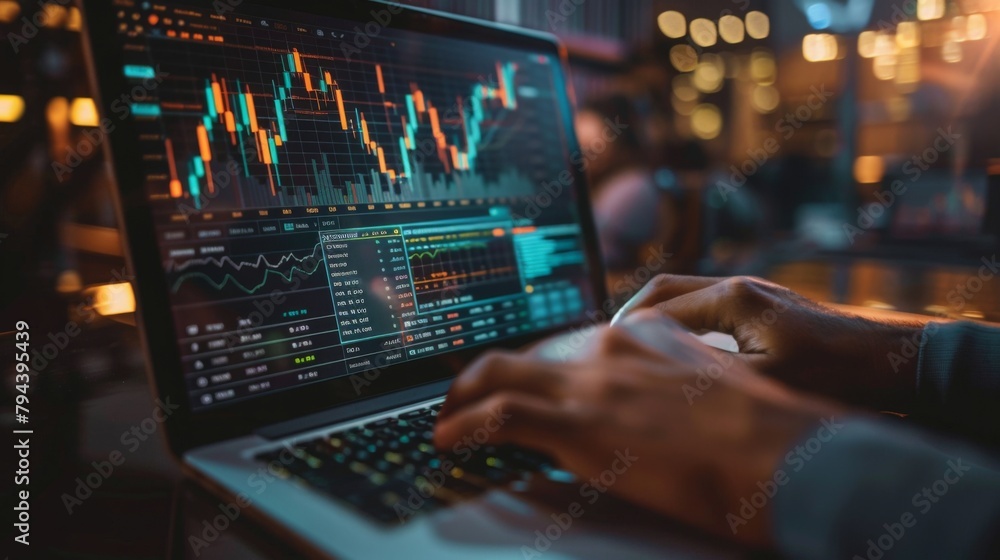 Poster trader analyzing stock market graphs on laptop at night