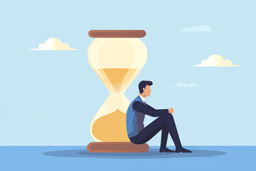 Business graphic vector modern style illustration of a business person next to a sand egg timer deadline waiting edging away looming goal waiting for action indecisive payment invoice presentation