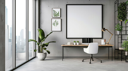 Modern office space with bright decor and a blank white frame, offering a canvas for innovative ideas.