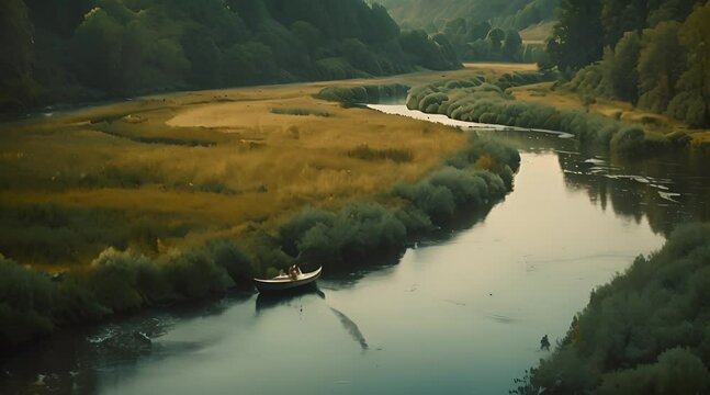Cinemagraph loop of a serene countryside scene with a winding river and a lone boat drifting lazily downstream. 