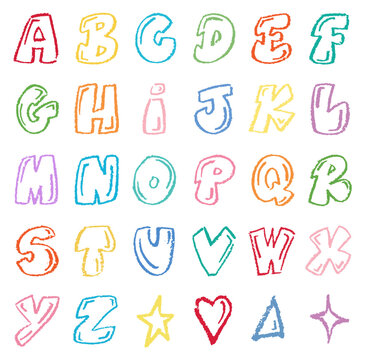 Set of alphabet letters in chalk texture shaped like balloons and bubbles in graffiti style. Hand drawn doodle effect collection for crayon brush design. Crayon texture pencil effect. vector illustrat