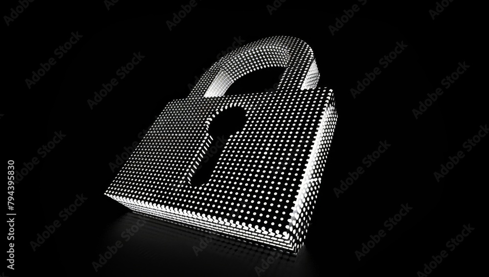 Poster black background with a white pixelated lock symbol, representing digital security and data protecti