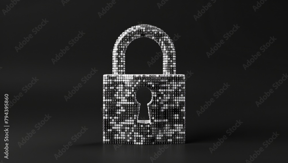 Poster a digital lock made of binary code, symbolizing security and protection in the online world on a bla