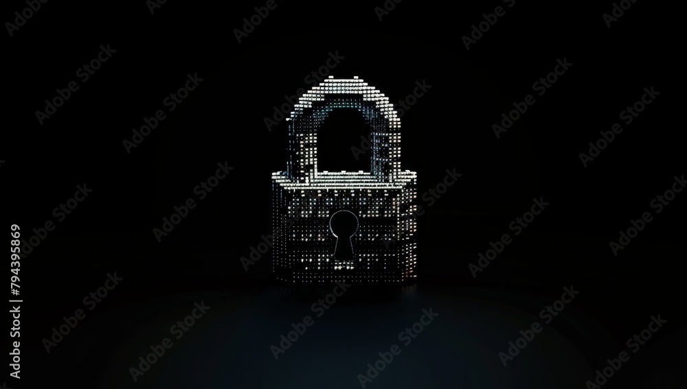 Poster the padlock is made of binary code, with a black background in the pixel art style generative ai