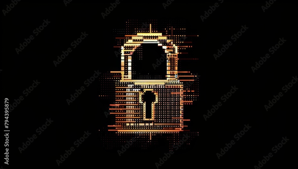 Poster the padlock is made of binary code, with a black background in the pixel art style generative ai