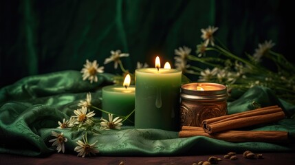 Obraz na płótnie Canvas A composition of candles, flowers, textiles. The concept of home interior, comfort, spa, relaxation and wellness.