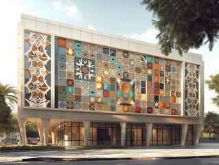 A building with a colorful mosaic design on the side. The building is tall and has a lot of windows. The windows are arranged in a way that creates a sense of depth and dimension