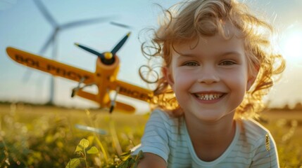 A closeup shot of a smiling child playing outside with a toy airplane that has a label reading Biofuel Propelled. In the background a wind farm can be seen highlighting the potential . - obrazy, fototapety, plakaty