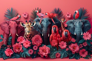 Large group of African safari animals. Jungle, tropical illustration. Lion, parrots, giraffe, zebra, elephant,