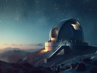 Observatories with telescopes under a starry night. - obrazy, fototapety, plakaty