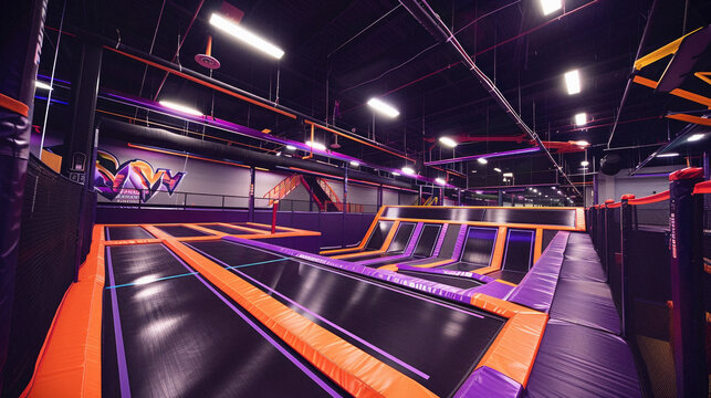 Indoor Trampoline Park: Exciting indoor trampoline park with wall-to-wall trampolines, foam pits, and dodgeball courts for boundless bouncing fun --ar 16:9 Job ID: 29e1f78d-c97c-44b8-8943-6800185a1d27
