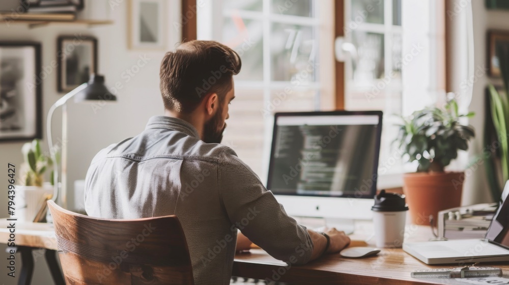 Poster man working on computer in modern office space