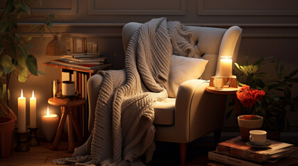 A cozy reading nook tucked away in a corner, with a comfortable armchair and a soft, knitted throw. - obrazy, fototapety, plakaty