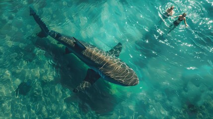 Naklejka premium Top view, people swimming in the sea next to an enormous shark.