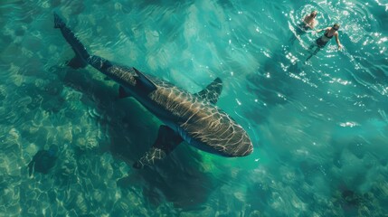 Top view, people swimming in the sea next to an enormous shark.