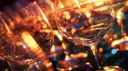 A closeup of multiple wine glasses arranged on a table, reflecting light and creating a visual pattern - Powered by Adobe