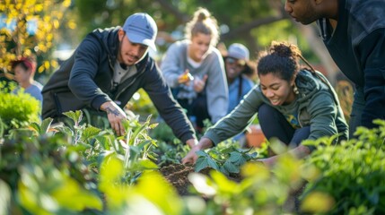 A diverse group of volunteers actively gardening in a community project, tending to plants and maintaining the garden