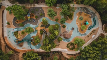 A drone captures the layout of a park from above, highlighting the playground area with various play equipment - obrazy, fototapety, plakaty
