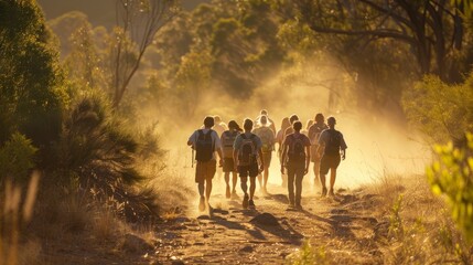 A group of individuals walking in a line down a dusty path in a rural setting