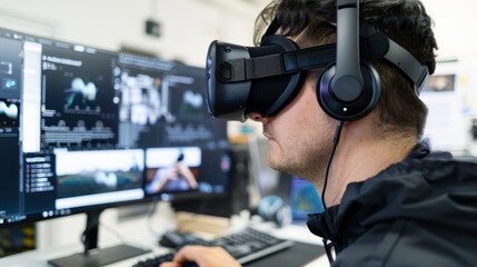 A man is focused on a computer screen while wearing a virtual headset, working on developing immersive experiences in Augmented Reality
