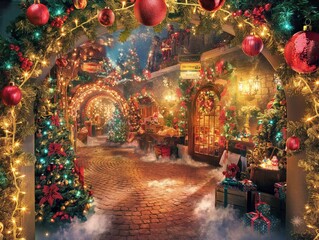 A Christmas scene with a red archway and a lot of Christmas decorations