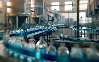 A factory with a conveyor belt of bottles. The bottles are blue and white