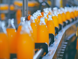 A conveyor belt with orange bottles on it