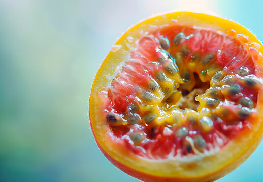 Half of juicy ripe maracuja, top view, close-up. Golden passion fruit on delicate blue background. Advertising shot.
