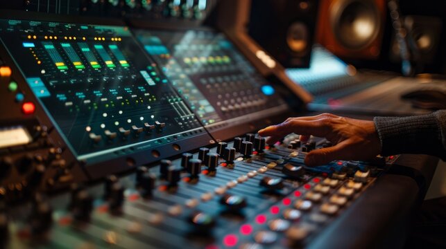 A person fine-tunes audio levels on a soundboard in a recording studio using a screen and their hand