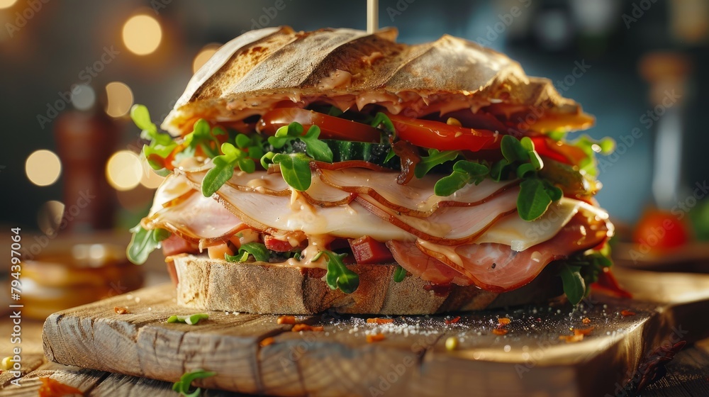 Wall mural Closeup of a gourmet sandwich filled with meat and vegetables on a rustic wooden cutting board - Wall murals