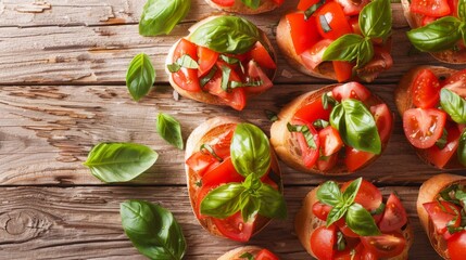 A closeup of mini sandwiches arranged on a table, each topped with ripe tomatoes and vibrant basil leaves - Powered by Adobe