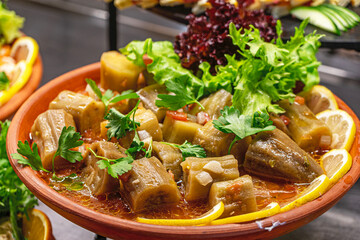 Delicious foods, fruits, cold appetizers and deserts from open buffet of the 5 star hotel