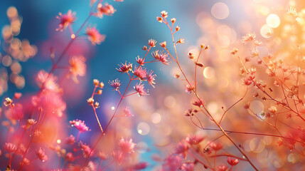 Delicate flowers with a soft bokeh of sunset light.	
