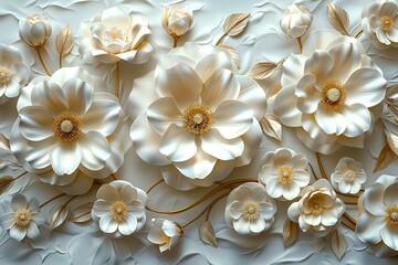 Light decorative texture of plaster wall with volumetric decorative flowers
