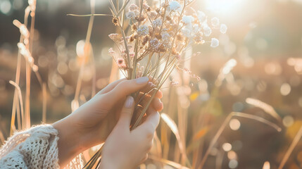 A person is holding a bouquet of flowers in a field. The flowers are yellow and white, and the field is filled with tall grass. Concept of peace and tranquility, as the person is surrounded by nature