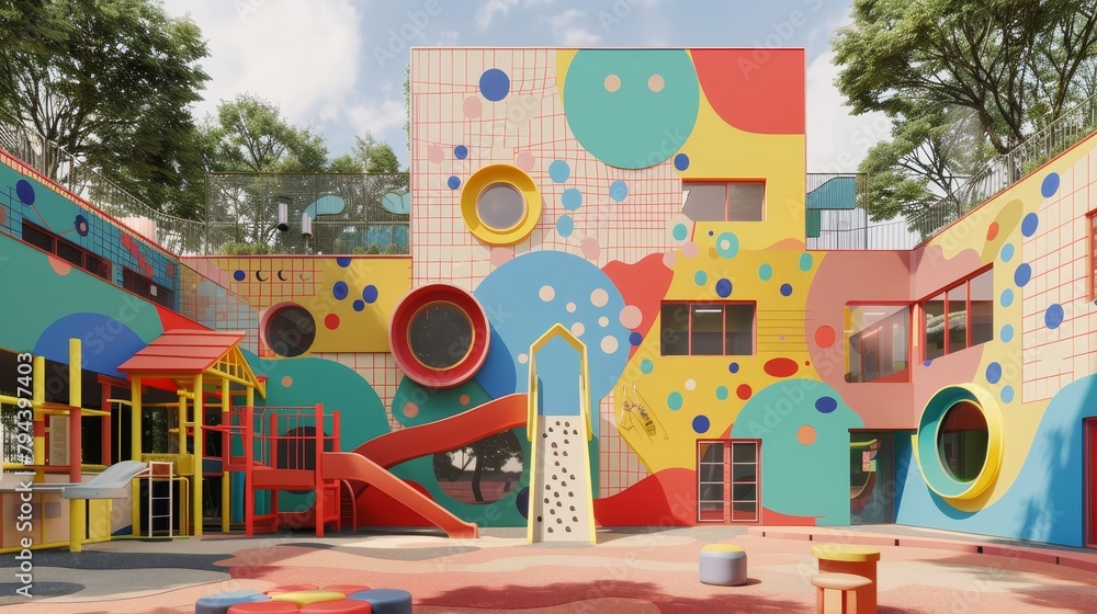 Poster Abstract patterns and cute characters in a 3D render of a school playground  AI generated illustration