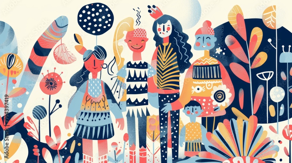 Poster abstract patterns and shapes forming a family unit in cute style ai generated illustration