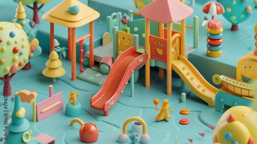 Poster Abstract patterns and cute characters in a 3D render of a school playground  AI generated illustration
