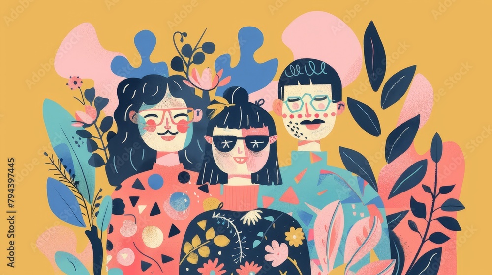 Poster abstract patterns and shapes forming a family unit in cute style ai generated illustration