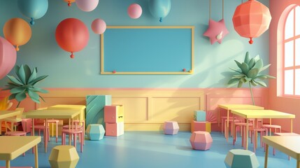 Abstract patterns and cute characters in a 3D representation of a classroom scene  AI generated illustration