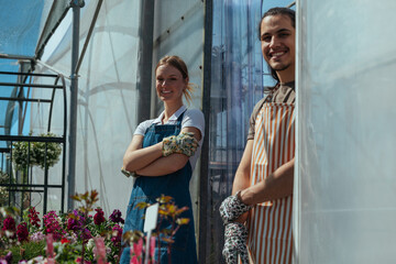 Smiling gardeners at a sunny plant nursery