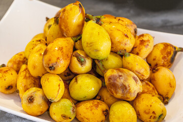 Delicious foods, fruits, cold appetizers and deserts from open buffet of the 5 star hotel